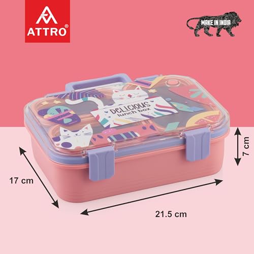 Image of ATTRO Kitty Kart Plastic Lunch Box - 3 Compartment Bento Tiffin, Leak-Proof & Durable, Plastic Cutlery, Ideal for Kids, School,Picnic - 800ml, Pink Purple