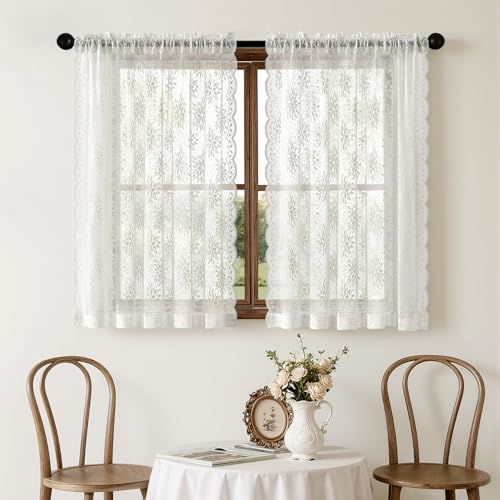 Image of MIULEE Vintage Floral Scalloped Lace Curtains 2 Panels, White 52 inch W x 45 inch L