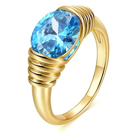 AllenCOCO Gold Ring for Women Trendy Blue Gemstone Chunky Ring 18k Gold Plated Band Ring Signet Statement Ring Cover