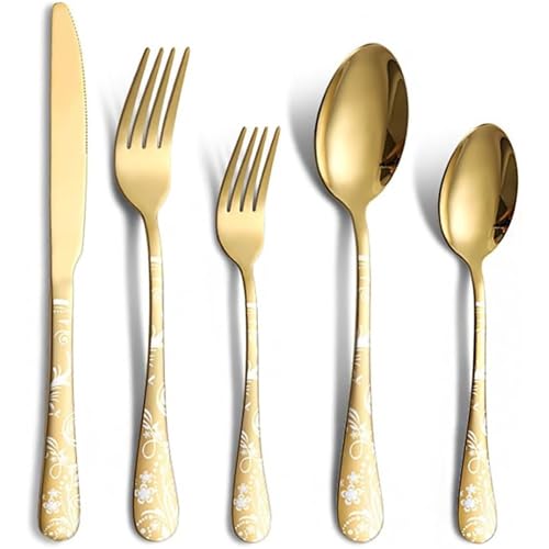 Image of aDai Aurum Gold Silverware Set | Satin Finish 5-Piece Flatware Set with Unique Floral Printed Handle | Dishwasher Safe Stainless Steel Cutlery for Home, Restaurant & Gifting