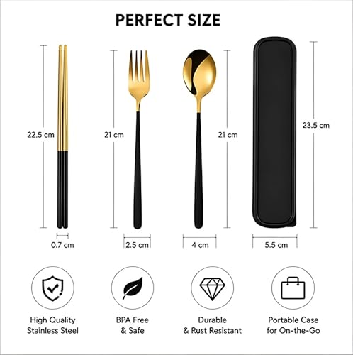 Image of 3 Piece Premium Gold Stainless Steel Chopsticks Fork Spoon Set with Travel Case Non-Slip Dinnerware Cutlery Set Tableware Set for Gift (Gold Black)