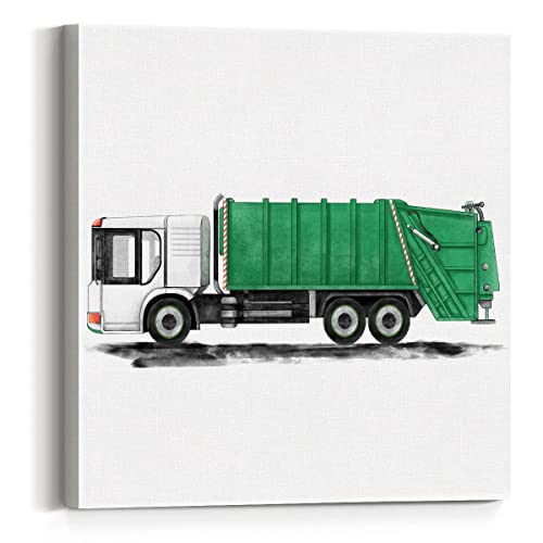 Garbage Truck Print Paintings Canvas Wall Art 12X12 Green Watercolor Garbage Truck Poster Transportation Nursery Artwork Ready To Hang Home Boys Playroom Decor (Framed) #TOP15