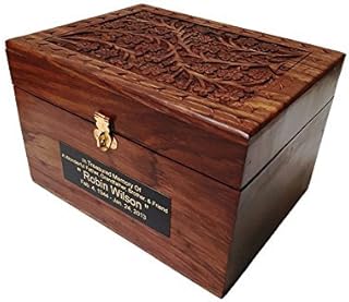 Adult Size Hard Wood Human Funeral Cremation Urn with Hand Engraved Flower Design and a Personalized Name Plate