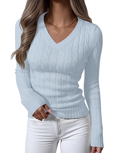 ANRABESS Womens Long Sleeve Cable Knit Sweater 2025 Fall Fashion V Neck Fitted Pullover Top Business Casual Work Fall Outfits Light Blue Medium