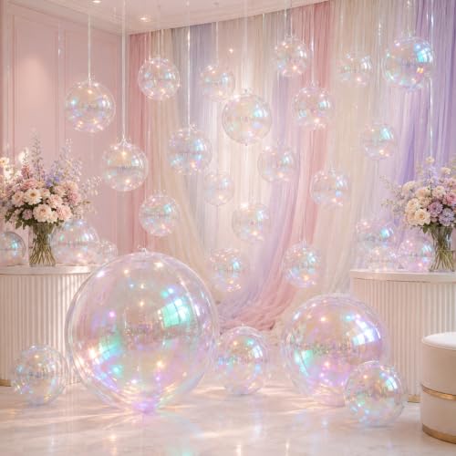 Image of 14 Pcs Iridescent Round Foil Balloons Mermaid Holographic Balloons | Iridescent Clear Balloon Mylar Balloon for Girls Mermaid Kpop Under The Sea Rainbow Birthday Wedding Disco Party Decoration