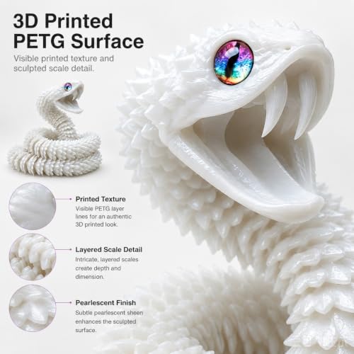 Image of 3D Printed UV Color Changing Viper Snake Sculpture, 23 inch White to Lavender Photochromic Articulated Display Piece, PETG Color Shift Snake with Movable Jaw & Fangs, Desk Decor for Collectors