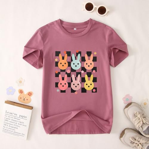 Image of SOFEON Kids Girls Easter Shirt Cute Bunny Graphic T-Shirt Funny Rabbit Flower Short Sleeve Tees Happy Easter Gift Tops
