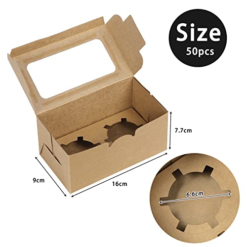 Coolty 50pcs Cupcake Boxes 2 Holes with Window and Insert Bakery Pastry Packaging Boxes for Muffins Cupcakes Small Cakes Desserts Cookies Pies (Brown) - Image 3