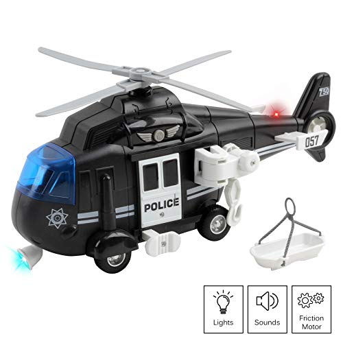 Vokodo Police Helicopter 11" With Lights And Sounds Push And Go Includes Rescue Basket Durable Toy Friction Kids Cop Chopper Swat Airplane Pretend Play Truck Great Gift For Children Boys Girl Toddlers #TOP3