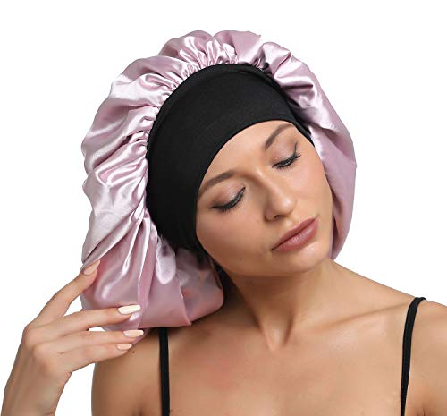Double Layer Satin Large Bonnet Sleep cap Sliky bonnet Wide Elastic Band for Curly,Natural,Long Hair (Large size, Large Pink)