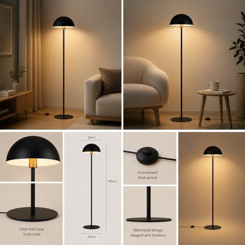 Image of Modern Floor Lamp for Living Room | Matte Black Standing Lamp with Dome Metal Shade | Minimalist Ambient Corner Light for Bedroom, Reading & Home Decor