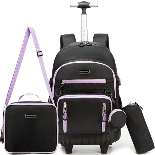 Meetbelify Mochila de rodinhas para meninas, meninos, com rodas, bagagem de mão para meninas e meninos, Menina preta e roxa, 45 x 30.5 x 19.8 cm, 20L