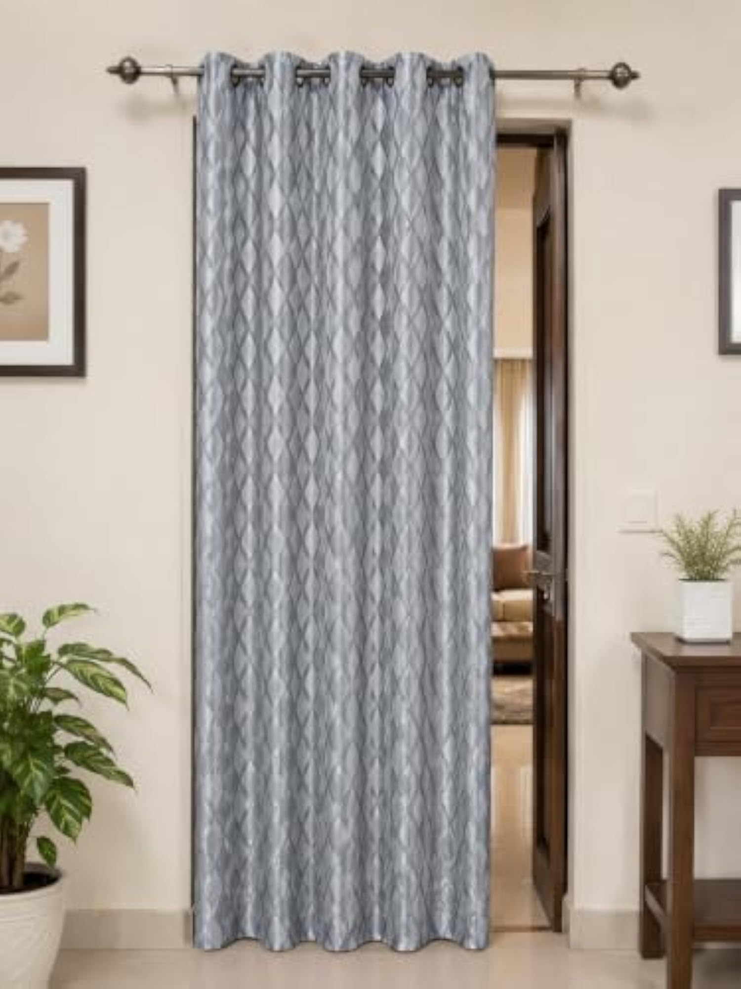 Grey Diamond Pattern Grommet Door Curtain, Light Filtering