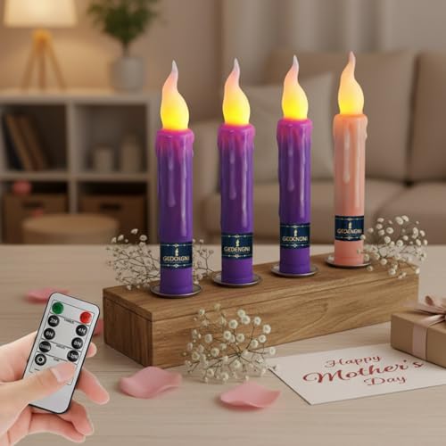 Image of Flameless LED Taper Candles with Remote - 6 inch Battery Operated Taper Candlesticks, Flickering Dripless Window Candles for Mother'Day Wedding Centerpiece Home Decor & Party,4 Pack