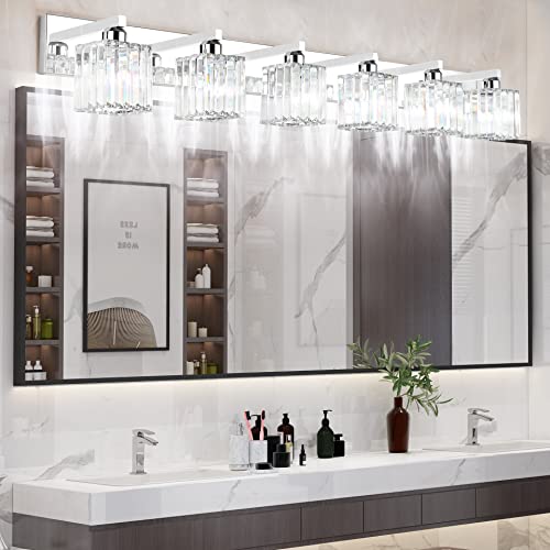 Image of Aipsun Bathroom Vanity Light Fixtures 6 Light Chrome Vanity Light for Bathroom Crystal Vanity Lighting Fixtures (Exclude Bulb)