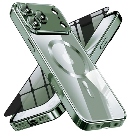 Image of Magnetic for iPhone 17 Pro Max Case with Privacy Screen Protector & Full Camera Cover,[Non-Yellowing] Shockproof Clear Phone Case Compatible with MagSafe Women Girls for iPhone 17 ProMax,Dark green