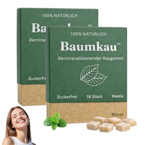 Baumkau Remineralisierender Kaugummi 18 Stück Baukau Kaugummi Zuckerfrei Kaugummis Frischer Atem und Emailschutz Sanft und Nicht Reizend für Empfindliche Zähne Geeignet Minze (2 Box)