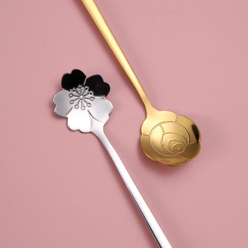 Silverware Flatware Set, 1/4/6/8/10pcs Creative Ceramic Handle Coffee Spoon 304 Stainless Steel Rose Spoon Long Handle Ice Spoon Cake Dessert Spoon(Black Gold,10Pcs)