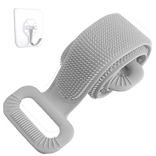 Silicone Back Scrubber for Shower, 30?Exfoliating Lengthen Silicone Bath Body Brush, Double Sided Silicone Body Scrubber, Easy to Clean, Lathers Well, Eco Friendly Scrubber with A Hook (Gray)