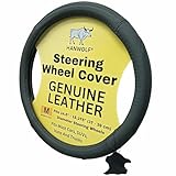 Steering Wheel Cover, Black, Real Genuine Leather, 15 inch, for Men and Women, Universal, Stretch On, Heat Resistant, Stays Cool, Non-Slip, HANWOLF