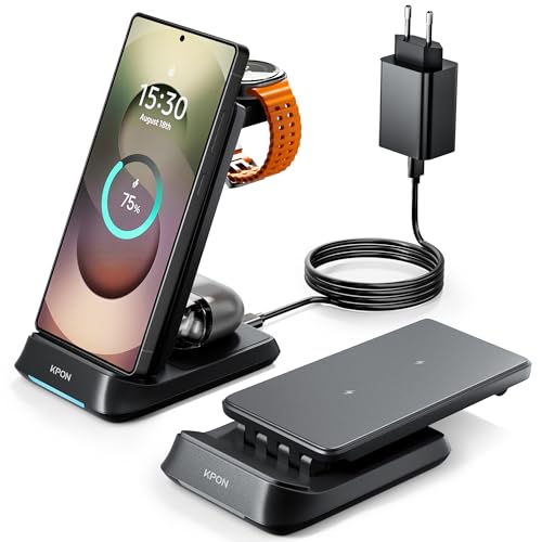 KPON 3 in 1 Ladestation für Samsung Watch und Handy Faltbar Induktive Ladegerät für Samsung S26/S25/S24/S23/S22/Z Flip/Fold7/FE Wireless Charger für Galaxy Watch Ultra/8/7/6/5/4 Galaxy Buds-schwarz