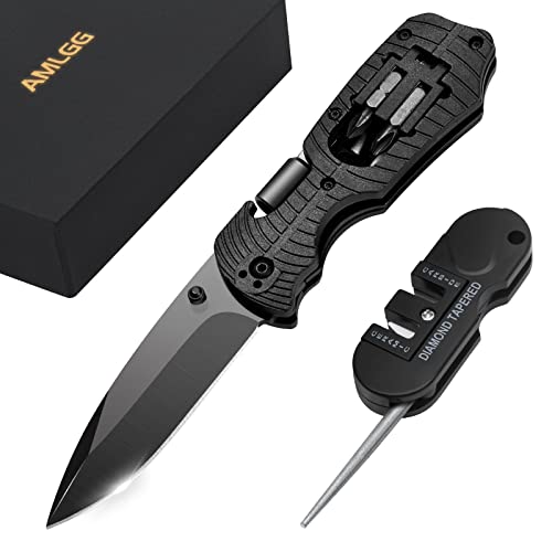 AMLGG Klappmesser, Taschenmesser mit Flaschenöffner Schraubendreher, Survival Messer für Camping Wandern, Outdoor Messer für Unfallsituationen, Schwarz Cover