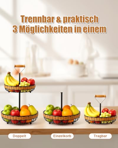 Frutero de ratán de 2 niveles con cestos extraíbles y elegante acabado negro de 45 cm 6