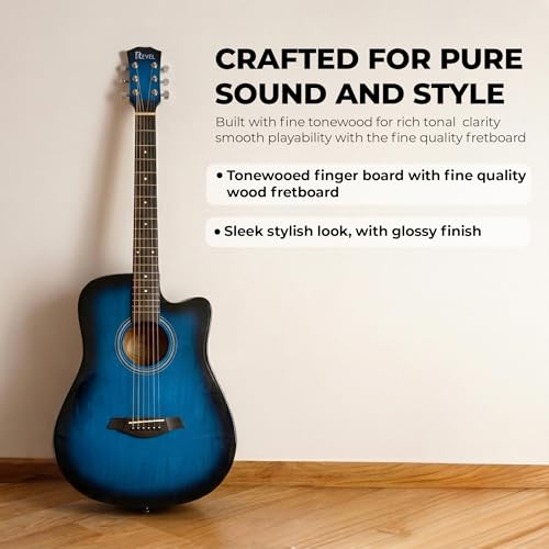 Image of Revel 38 Inch Glossy Acoustic Guitar for Beginners and Professionals with Signature Guitar Feel, Westwood Guitar Style Set with Picks. (BLUE)