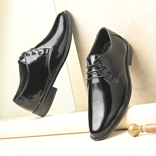 Image of Men's High-Gloss Patent Synthetic Leather Derby Shoes, Black, Lightweight Airmix Sole, Formal