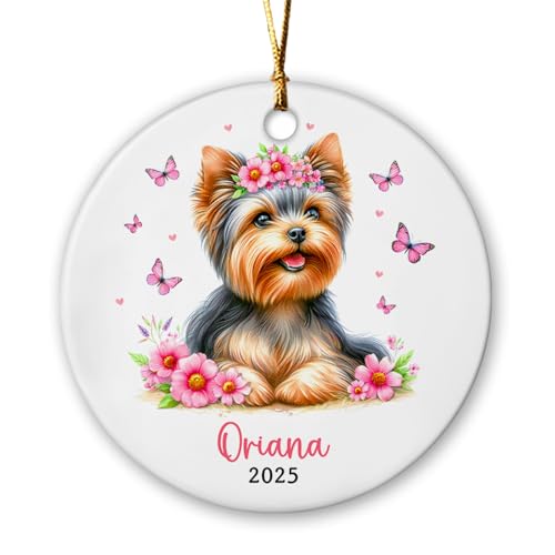 Yorkshire Terrier Christmas Ceramic Ornament 2025, Personalized Floral Yorkshire Terrier Xmas Ornament, Custom Name Yorkshire Terrier Pet Dog Xmas Tree Ornament, Yorkshire Terrier Dog Lover Ornament