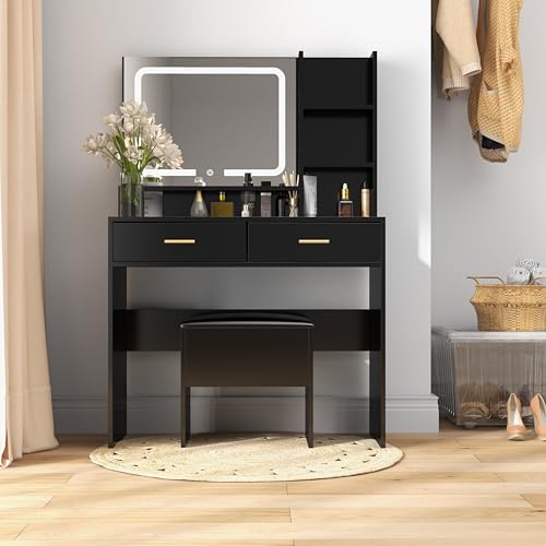 LYNSLIM Vanity Desk, Makeup Vanity with Mirror & LED Lights,Makeup Vanity Table with 2 Drawers & 4 Storage,Small Vanity Set Storage Stool for Dressing Bedroom (Black, Routine)