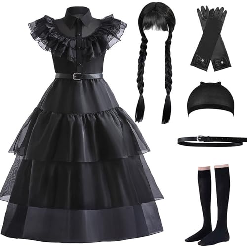 Onsdag Addams Kostym Barn，Addams Costume Klänning Flickor，Addams Family Klänning Kvinnors，Halloween Karneval Jul Cosplay Party-Costume för Flicka 3 Till 14 år.(120CM,Suit 17)
