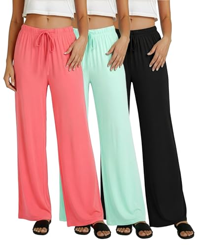 Image of Real Essentials 3 Pack: Women's Soft Palazzo Pants - Wide Leg Yoga Casual Loungewear Pajama Pj Bottoms (Plus Available)
