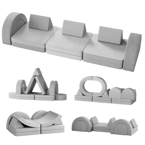 Neoriver Kids Couch, 13PCS Large Modular Kids Play Couch with 2 Tunnels, Fold Out Toddler Couch for Playroom Bedroom, 2000+ Creative Gameplay Kids Sectional Foam Sofa for Boys and Girls, Grey