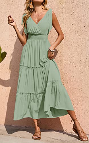 Image of PRETTYGARDEN Women's Cross Neck Summer Sleeveless Tiered Maxi Dress Beach Tie Strap Smocked Long Dresses Pleated Sundress