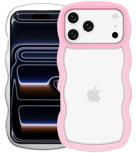 Image of GoldKart iPhone 17 Pro Case Wavy Edge Clear Back Design, Anti-Slip Grip Cute Wave Curly Frame Shape Shockproof Soft TPU & Hard PC Bumper Protective Phone Case Cover for Women Girls - Pink