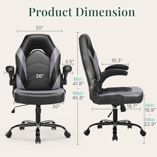 Image of Ergonomic Computer Game Desk Chair - PU Leather Lumbar Support, Height Adjustable High Back Video Game with Flip-up Armrest,Rolling Swivel for Adults,Deep Grey