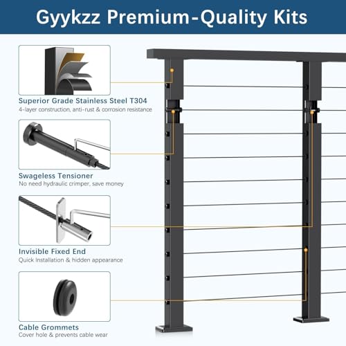 Gyykzz 36" 12–20FT Swageless Cable Railing Kit, Black Modular Railing System 4 Level Post Kit with Patented No-Crimp Terminals, Cable Length Adjustable Easy DIY for Deck, Stair, Balcony (No Handrail) by Gyykzz - Image 8