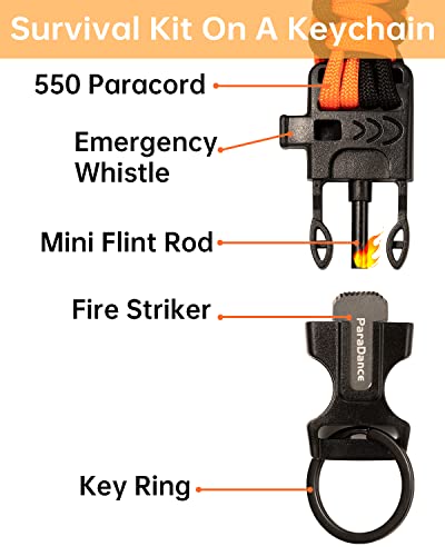 ParaDance Survival Keychain (5-in-1) with Flint/Striker/Paracord/Whistle/Key Ring, Military Braided Paracord Key Chain w/Carabiner Fire Starter, Ideal for Hiking/Camping (1*Black & 1*Black Orange)