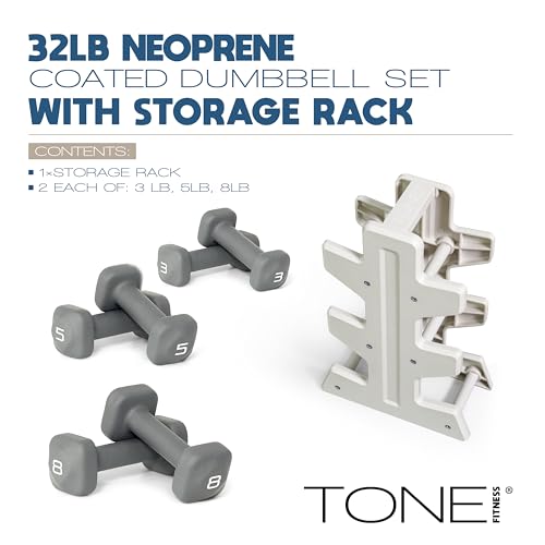Image of Tone Fitness Neoprene Dumbbell Set with Storage Rack - Non-Slip, Anti-Roll Hand Weights for Home Gym Workouts | 20 lb, 32 lb, 50 lb, 60 lb & 100 lb Options
