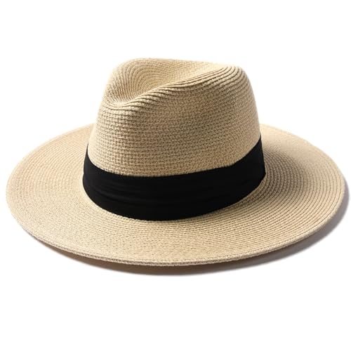 Image of FURTALK Sun Hat Wide Brim Straw Fedora Panama Beach for Men Women | Foldable & Packable for Travel, Breathable Sweatband, Adjustable Chin Strap, Ideal for Summer Boating, Gardening or Holidays