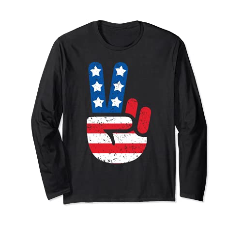 USA Flag Peace Sign Victory Fingers Patriotic Manche Longue