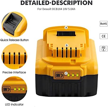 TenHutt 18V 5.0Ah Replacement Battery for Dewalt DCB184 DCB184B-XJ DCB180 DCB181 DCB182 DCB183 DCB185 18V XR Power Tool Battery