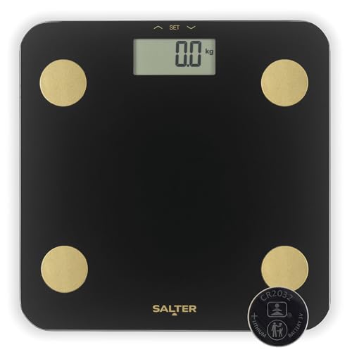 Salter Analyser Scale – Digital LCD Display, 180kg Capacity, Body Weight Composition, Fat, Water, BMI, BMR, Bone & Muscle Mass, Black Glass Platform with Gold Analyser Sensors, 9 Users, Athlete Mode