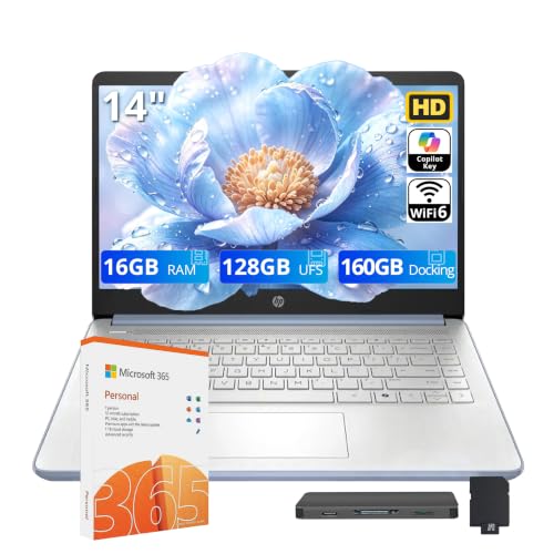 Image of HP Stream 14 inch HD Student & Business Laptop, Intel Processor N150, 16GB RAM, 288GB Storage (128GB UFS + 160GB Docking Station), Intel Graphics, 1 Year Office 365, Wi-Fi 6, Win 11, Sky Blue