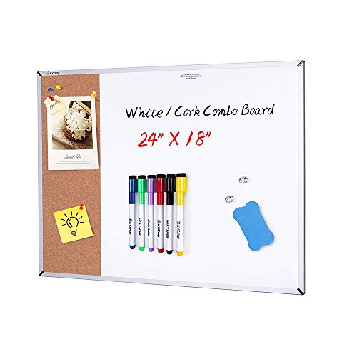 White Board & Cork Bulletin Board, 24\" X 18\", Combination Dry Erase Board & Cork Board, Vision Board for Home, Office, School - Includes 6 Magnetic Markers, 1 Eraser, 2 Strong Magnets and 10 Pins.