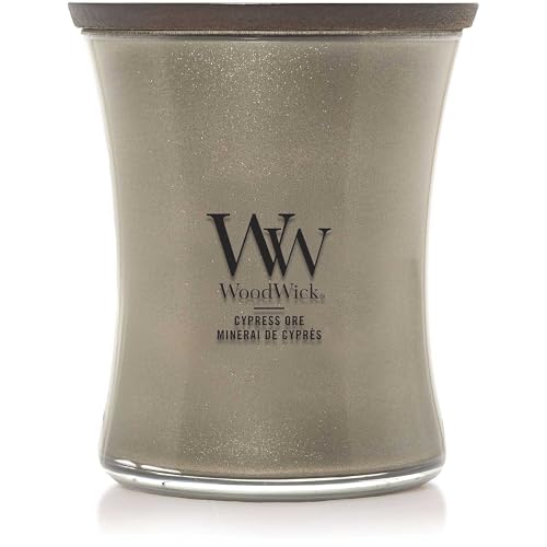 WoodWick Vela perfumada con mecha crepitante | Vela mediana de reloj de arena Cypress Ore | Velas de larga duración: hasta 60 horas | Regalos perfectos para mujeres