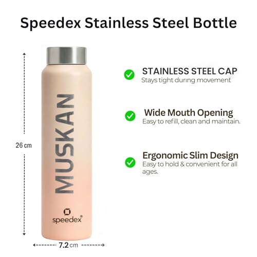 Image of Speedex Customised Engraved Name Stainless Steel Water Bottle 1 Ltr - Personalised Screw Cap Bottle for Kids, Men & Women, School, Office, Gym, Peach Orange, Set of 1