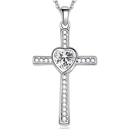 Jude Jewelers Stainless Steel Heart Shape Birthstone Cross Pendant Necklace (April-Cubic Zircon)