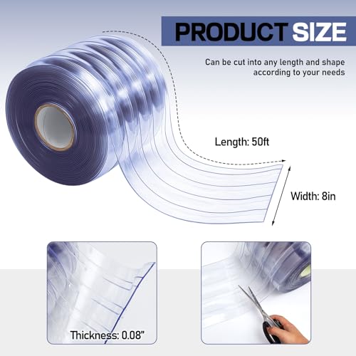 Image of Moukeren Plastic Curtain Strips, 50 ft x 8 in Clear PVC Strip Curtain Roll, Heavy Duty Plastic Insulated Freezer Door Strips for Commercial, Walk-in Cooler, Garage, Warehouse, 0.08 inch Thickness